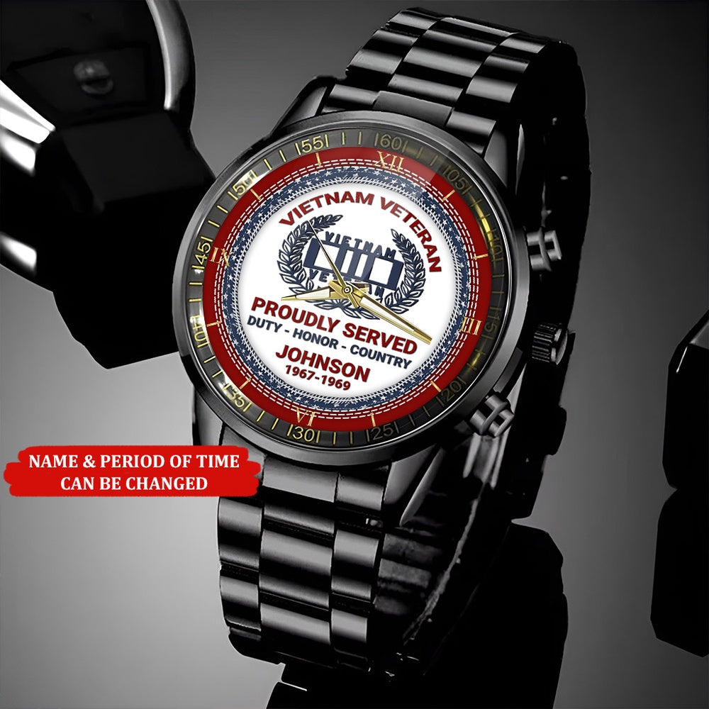 Personalized Name And Time Proudly Served Blue Red Flag Printed Veteran Watch, Vietnam Veteran Watch, Military Watch, Military Watches For Men