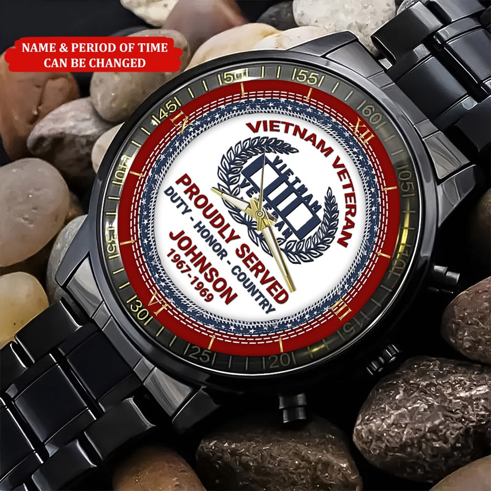 Personalized Name And Time Proudly Served Blue Red Flag Printed Veteran Watch, Vietnam Veteran Watch, Military Watch, Military Watches For Men
