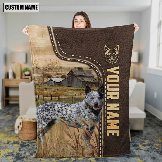 Personalized Name Australian Cattle Dog Leather Pattern Blanket, Farm Blanket, Farm Animal Blanket