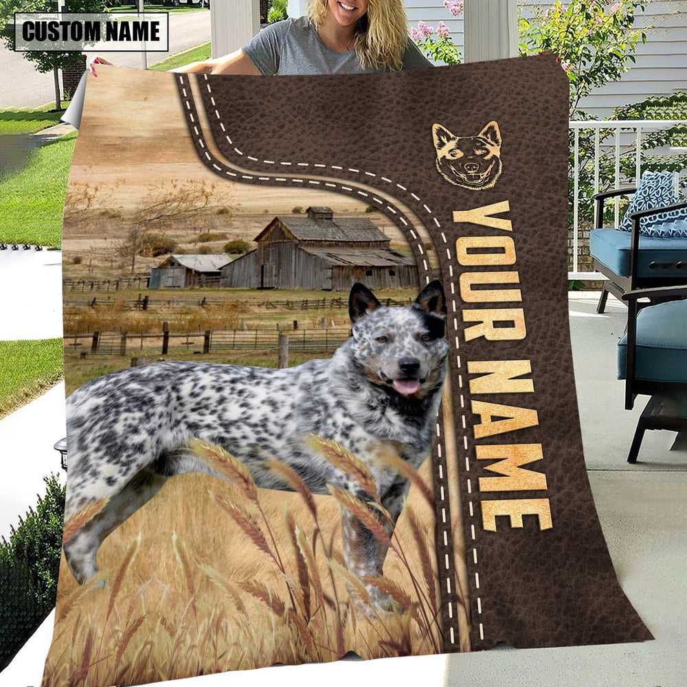 Personalized Name Australian Cattle Dog Leather Pattern Blanket, Farm Blanket, Farm Animal Blanket