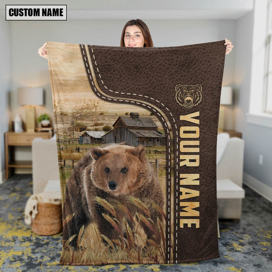 Personalized Name Bear Leather Pattern Blanket, Farm Blanket, Farm Animal Blanket