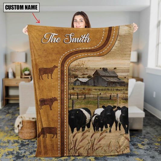 Personalized Name Belted Galloway Cattle In Field Farmhouse Blanket, Farm Blanket, Farm Animal Blanket