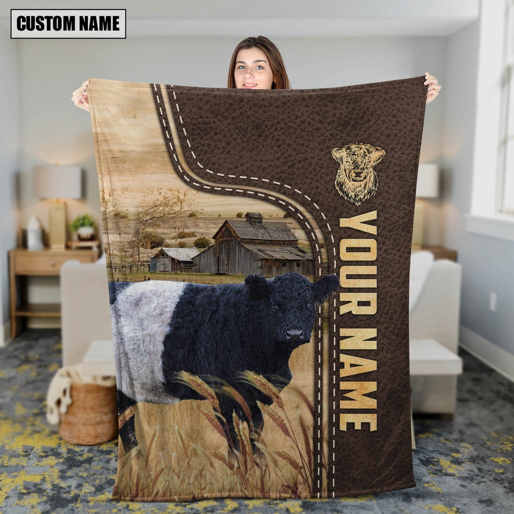 Personalized Name Belted Galloway Leather Pattern Blanket, Farm Blanket, Farm Animal Blanket