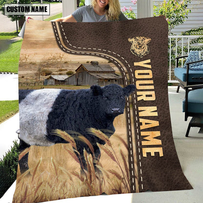 Personalized Name Belted Galloway Leather Pattern Blanket, Farm Blanket, Farm Animal Blanket