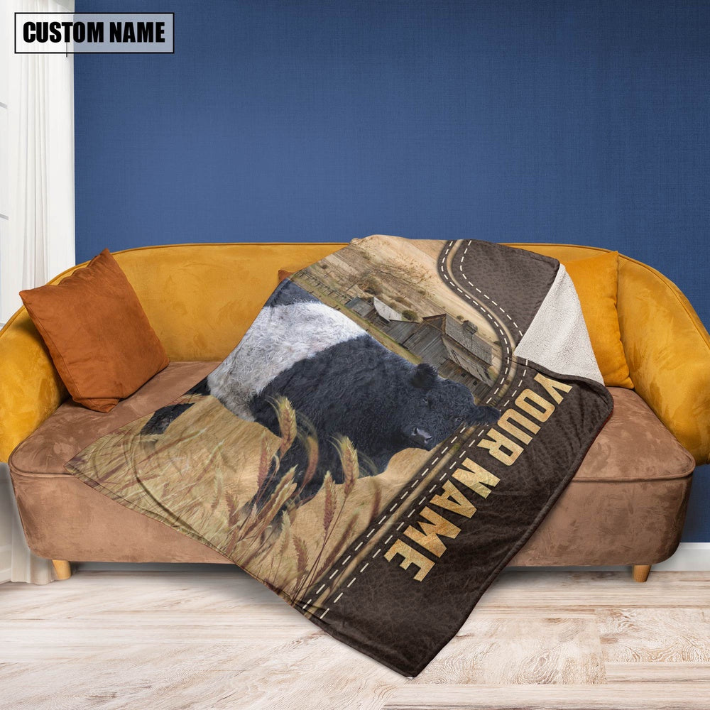 Personalized Name Belted Galloway Leather Pattern Blanket, Farm Blanket, Farm Animal Blanket