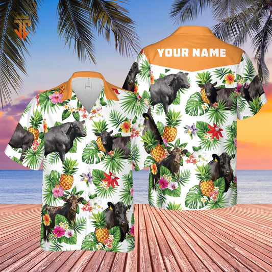 Personalized Name Black Angus Cattle Pineapples All Over Printed Hawaiian Shirt, Farm Hawaiian Shirt, Farmer Hawaii