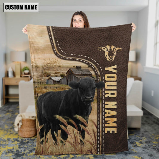Personalized Name Black Angus Leather Pattern Blanket, Farm Blanket, Farm Animal Blanket