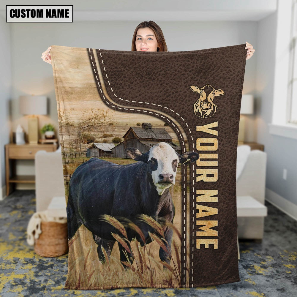 Personalized Name Black Baldy Leather Pattern Blanket, Farm Blanket, Farm Animal Blanket