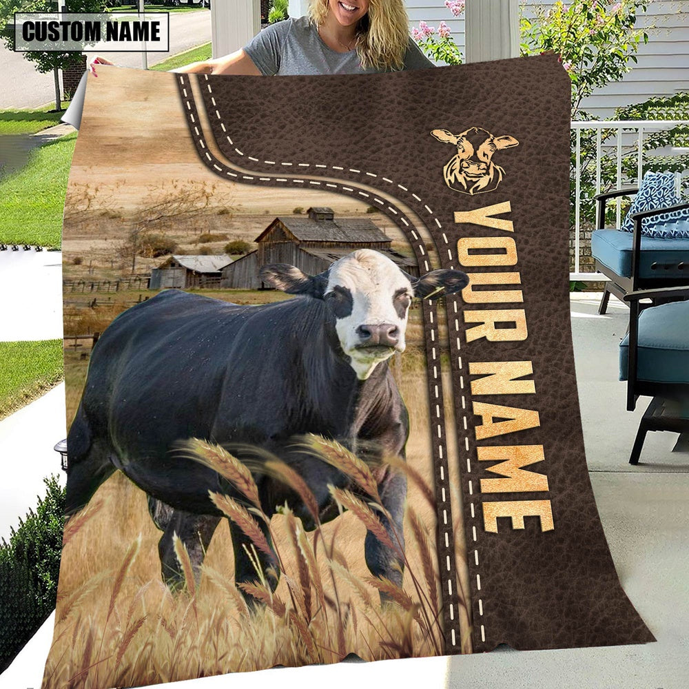 Personalized Name Black Baldy Leather Pattern Blanket, Farm Blanket, Farm Animal Blanket