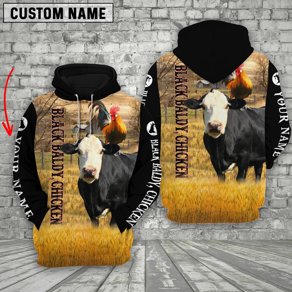 Personalized Name Black Baldy and Chicken Cattle On The Farm All Over Printed 3D Hoodie, Farmer Hoodie, Custom Farm Shirts, Farmer T Shirt