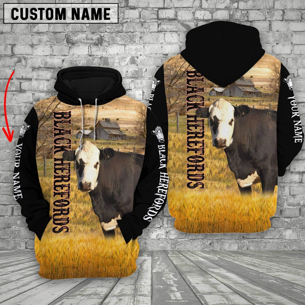 Personalized Name Black Hereford On The Farm All Over Printed 3D Hoodie, Farmer Hoodie, Custom Farm Shirts, Farmer T Shirt