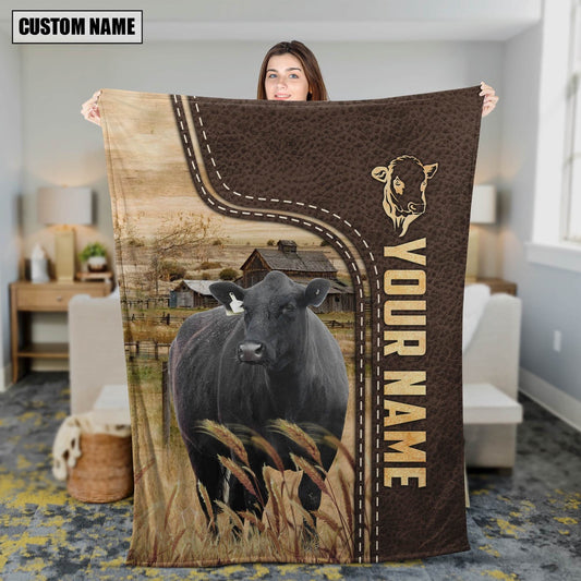 Personalized Name Black Simmental Leather Pattern Blanket, Farm Blanket, Farm Animal Blanket