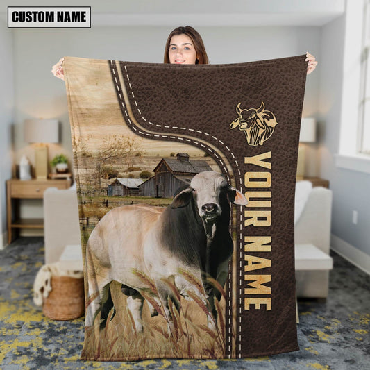 Personalized Name Brahman Leather Pattern Blanket, Farm Blanket, Farm Animal Blanket