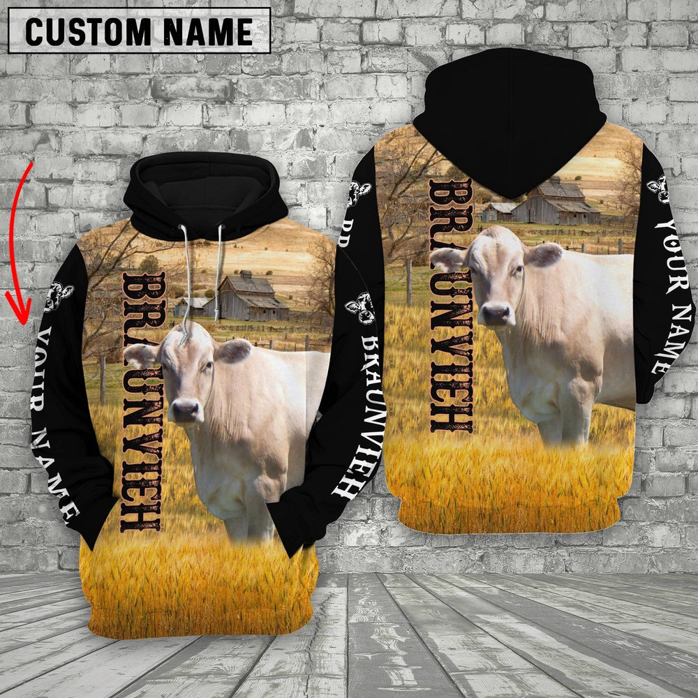 Personalized Name Braunvieh Cattle On The Farm All Over Printed 3D Hoodie, Farmer Hoodie, Custom Farm Shirts, Farmer T Shirt