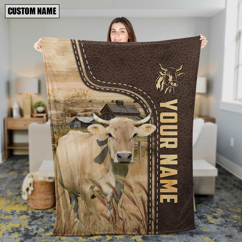 Personalized Name Braunvieh Leather Pattern Blanket, Farm Blanket, Farm Animal Blanket