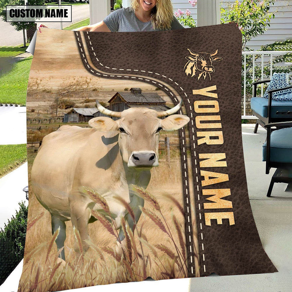 Personalized Name Braunvieh Leather Pattern Blanket, Farm Blanket, Farm Animal Blanket