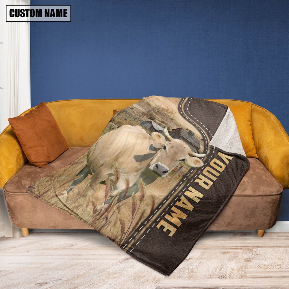 Personalized Name Braunvieh Leather Pattern Blanket, Farm Blanket, Farm Animal Blanket
