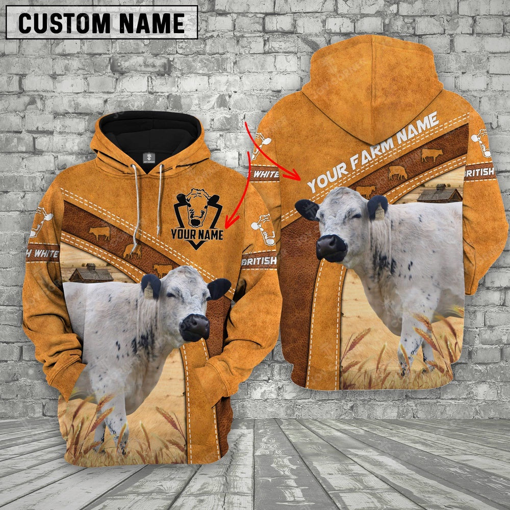 Personalized Name British White No Horns All Over Printed 3D Cattle Hoodie, Farmer Hoodie, Custom Farm Shirts, Farmer T Shirt