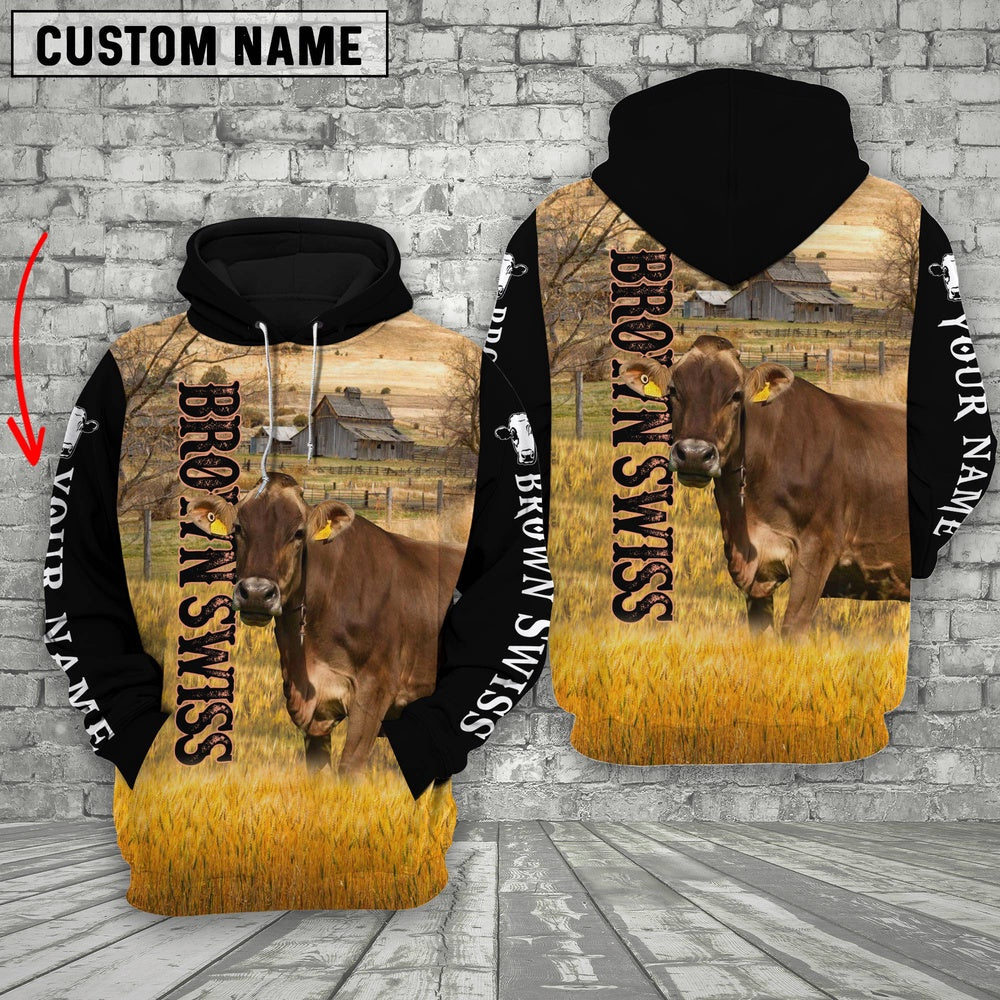 Personalized Name Brown Swiss Cattle On The Farm All Over Printed 3D Hoodie, Farmer Hoodie, Custom Farm Shirts, Farmer T Shirt