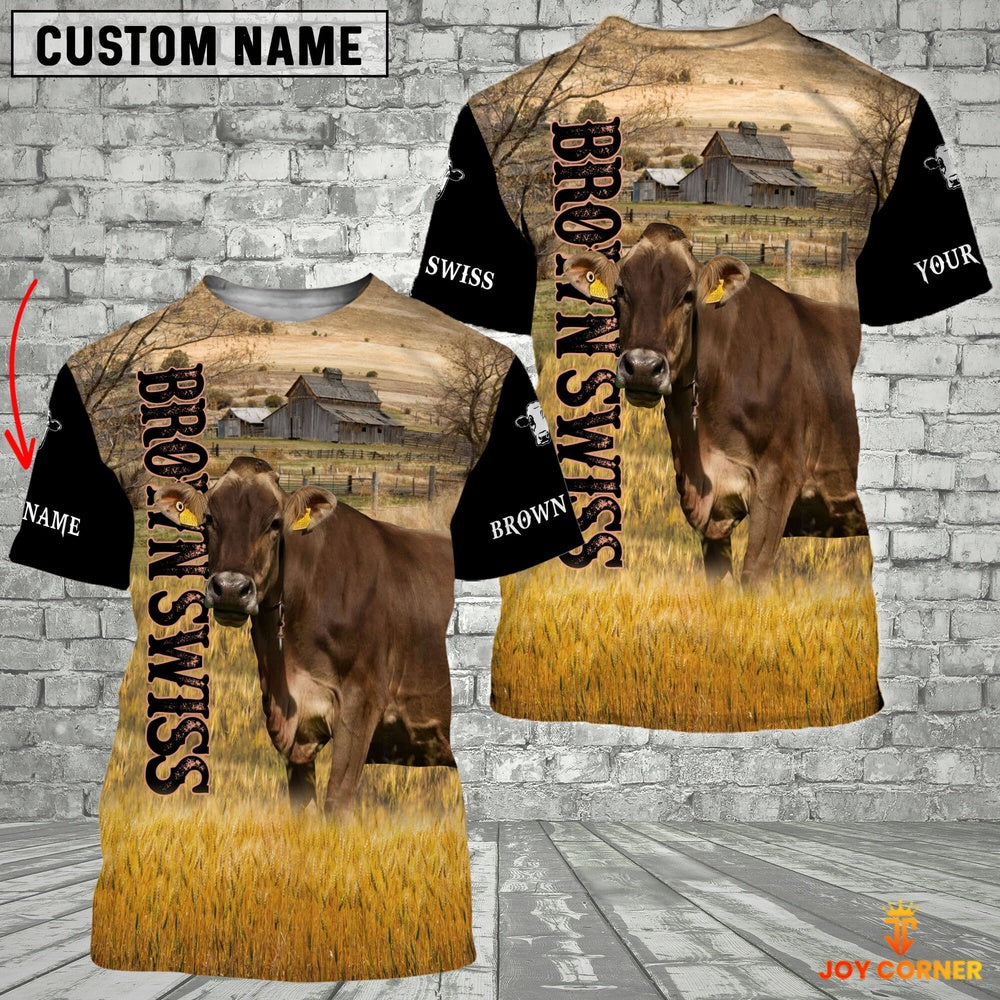 Personalized Name Brown Swiss Cattle On The Farm All Over Printed 3D Hoodie, Farmer Hoodie, Custom Farm Shirts, Farmer T Shirt