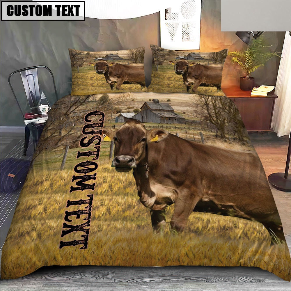 Personalized Name Brown Swiss Cattle On The Farm Bedding Set, Farm Bedding Set, Farmhouse Bedding Set