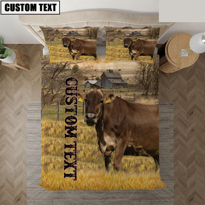 Personalized Name Brown Swiss Cattle On The Farm Bedding Set, Farm Bedding Set, Farmhouse Bedding Set