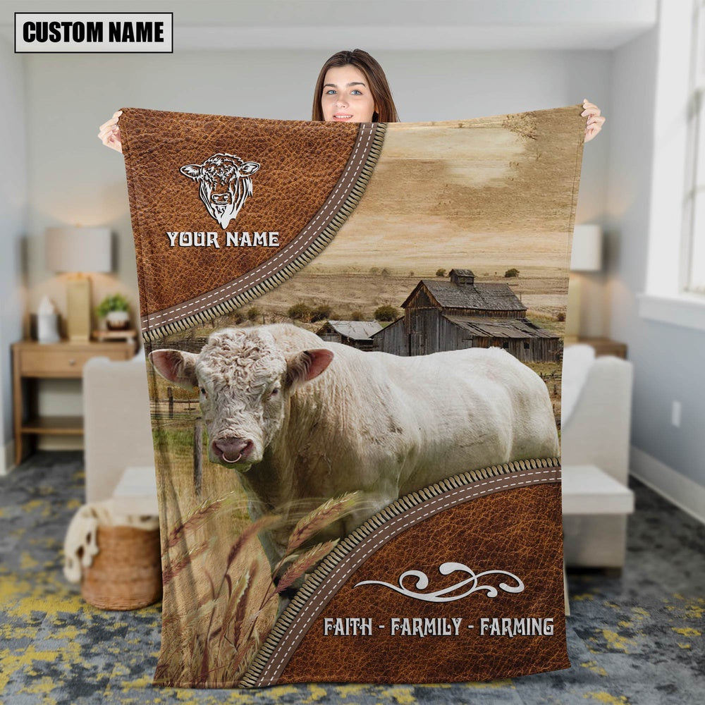 Personalized Name Charolais Bull Faith Family Farming Blanket, Farm Blanket, Farm Animal Blanket