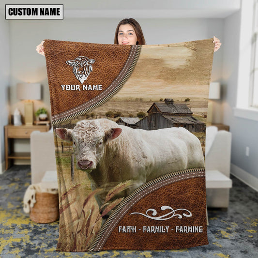 Personalized Name Charolais Bull Faith Family Farming Blanket, Farm Blanket, Farm Animal Blanket