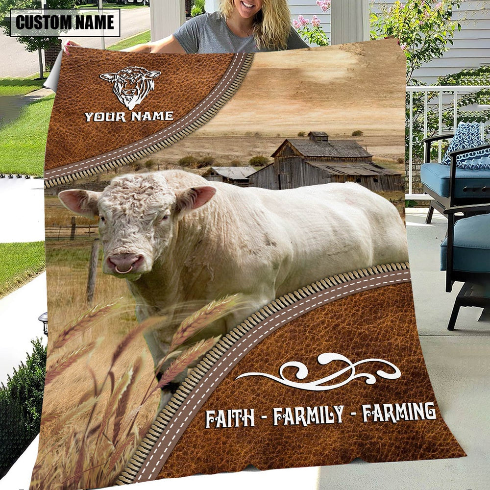 Personalized Name Charolais Bull Faith Family Farming Blanket, Farm Blanket, Farm Animal Blanket