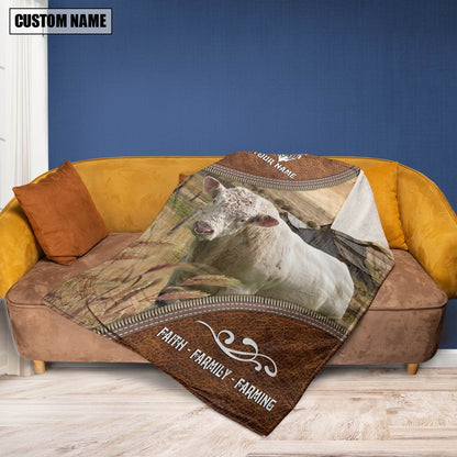 Personalized Name Charolais Bull Faith Family Farming Blanket, Farm Blanket, Farm Animal Blanket