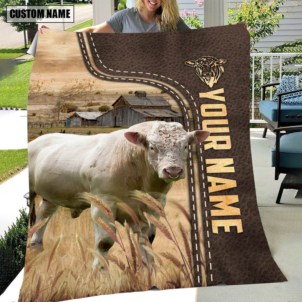 Personalized Name Charolais Bull Leather Pattern Blanket, Farm Blanket, Farm Animal Blanket