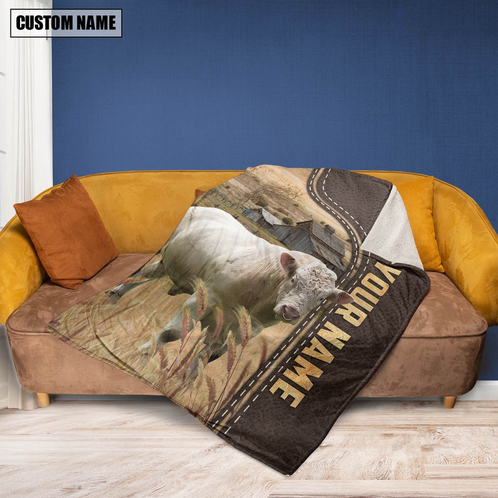 Personalized Name Charolais Bull Leather Pattern Blanket, Farm Blanket, Farm Animal Blanket