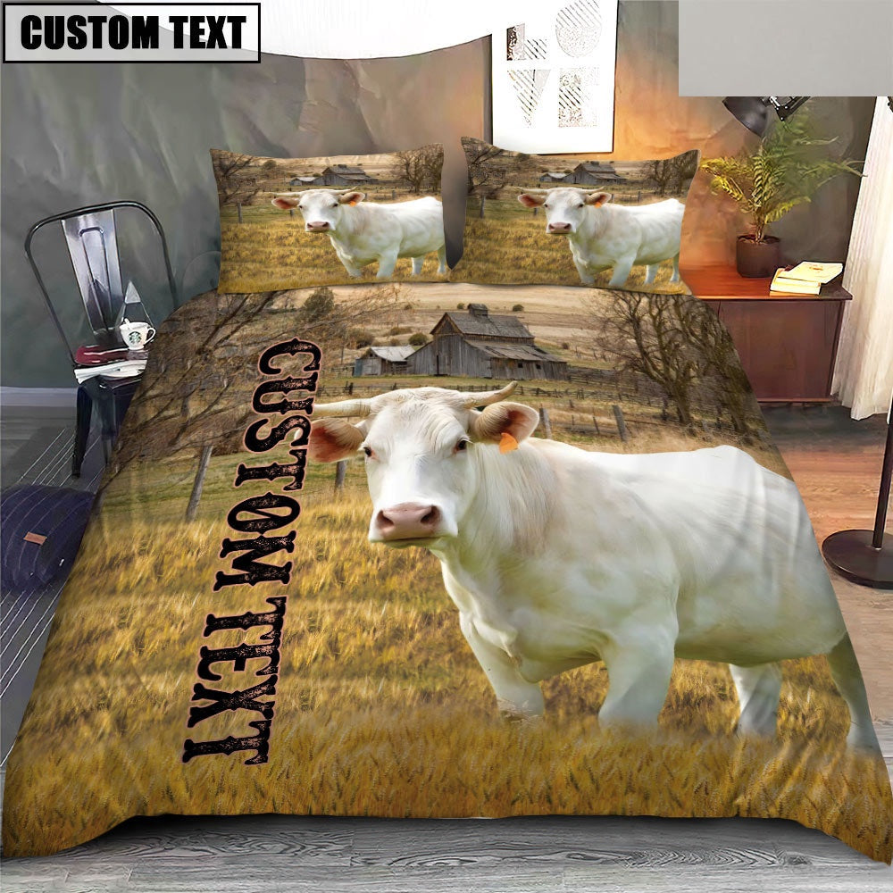 Personalized Name Charolais Cattle On The Farm Bedding Set, Farm Bedding Set, Farmhouse Bedding Set