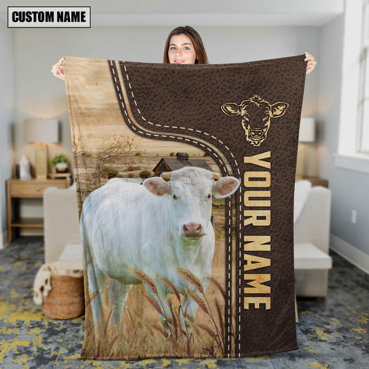 Personalized Name Charolais Leather Pattern Blanket, Farm Blanket, Farm Animal Blanket