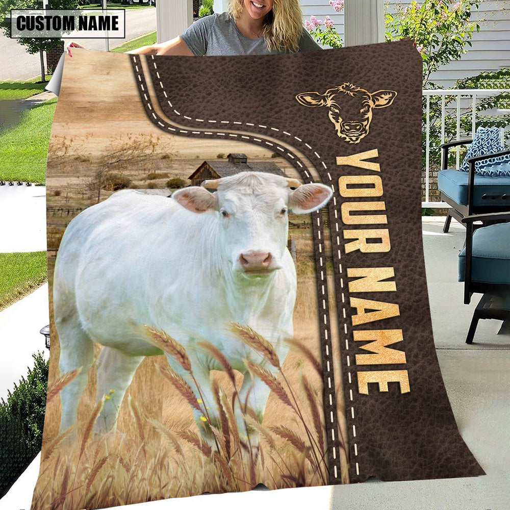 Personalized Name Charolais Leather Pattern Blanket, Farm Blanket, Farm Animal Blanket