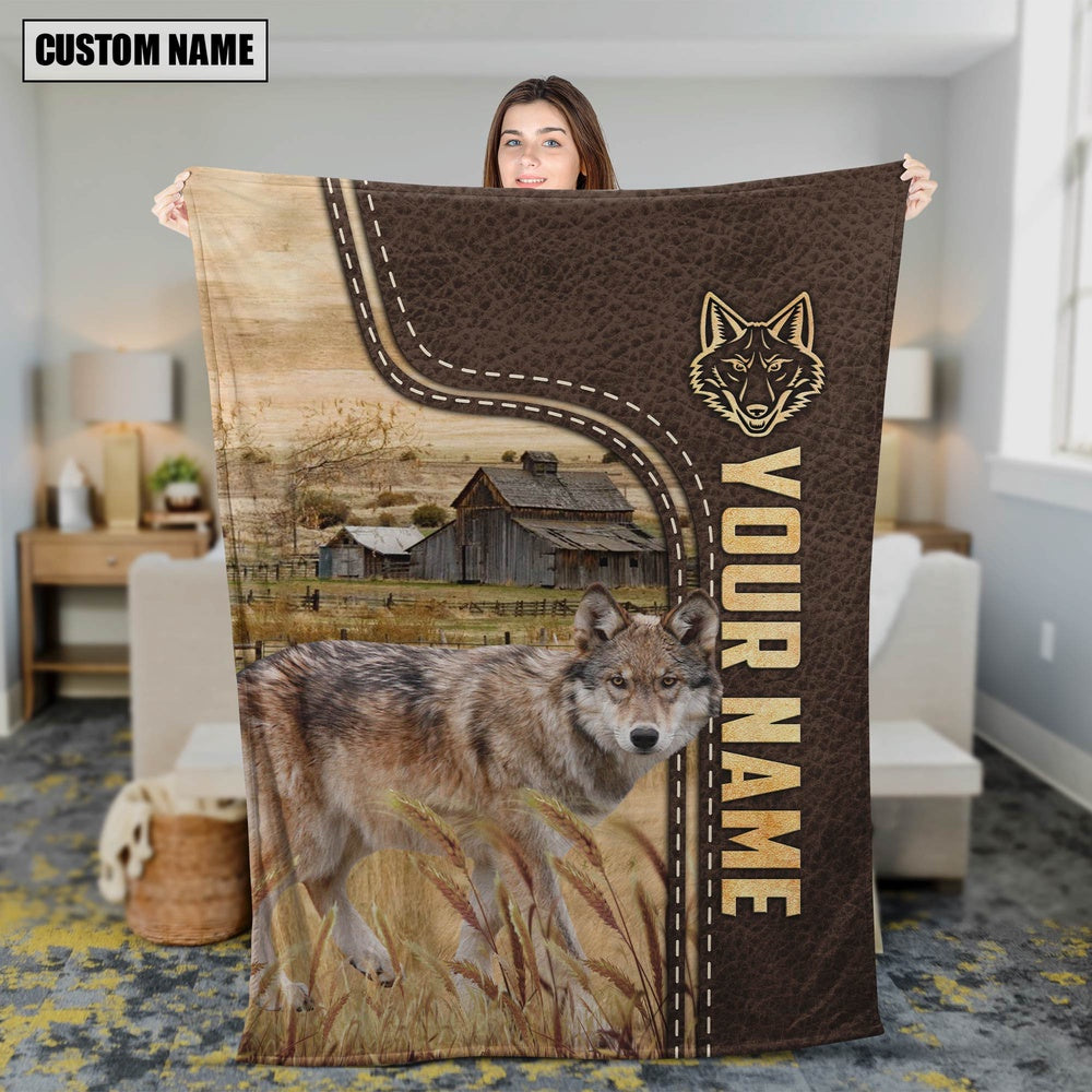 Personalized Name Coyotes Leather Pattern Blanket, Farm Blanket, Farm Animal Blanket