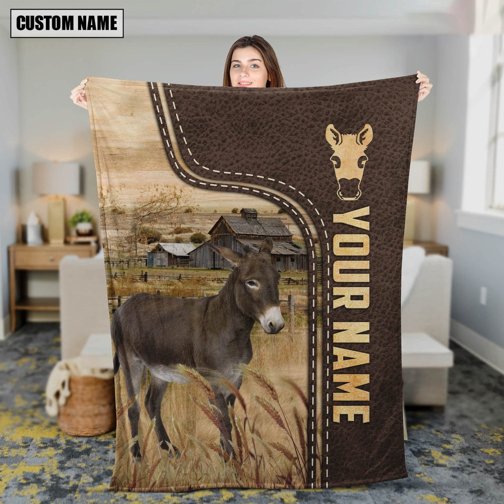 Personalized Name Donkey Leather Pattern Blanket, Farm Blanket, Farm Animal Blanket