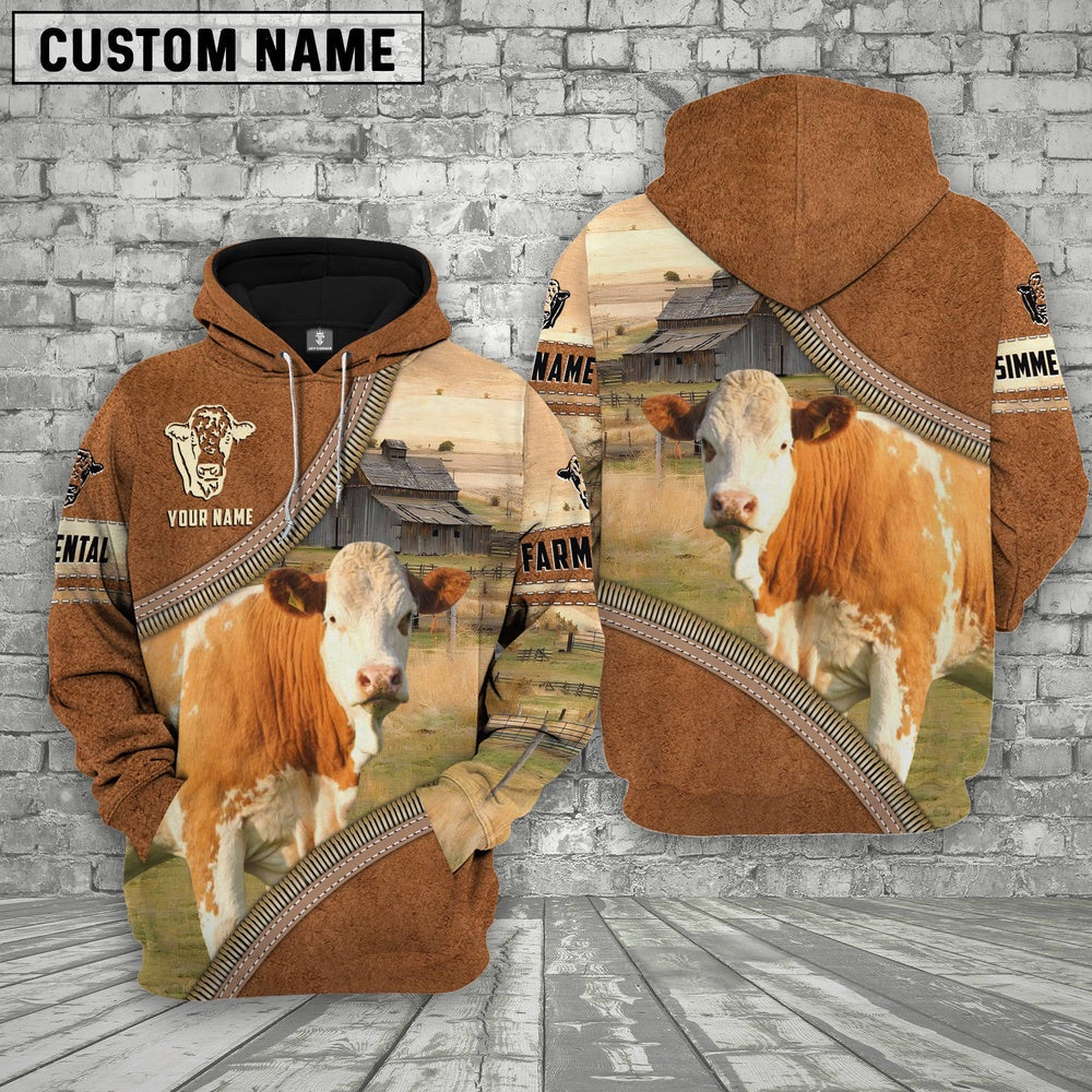 Personalized Name Farm Simmental Cattle Light Brown Hoodie, Farmer Hoodie, Custom Farm Shirts, Farmer T Shirt