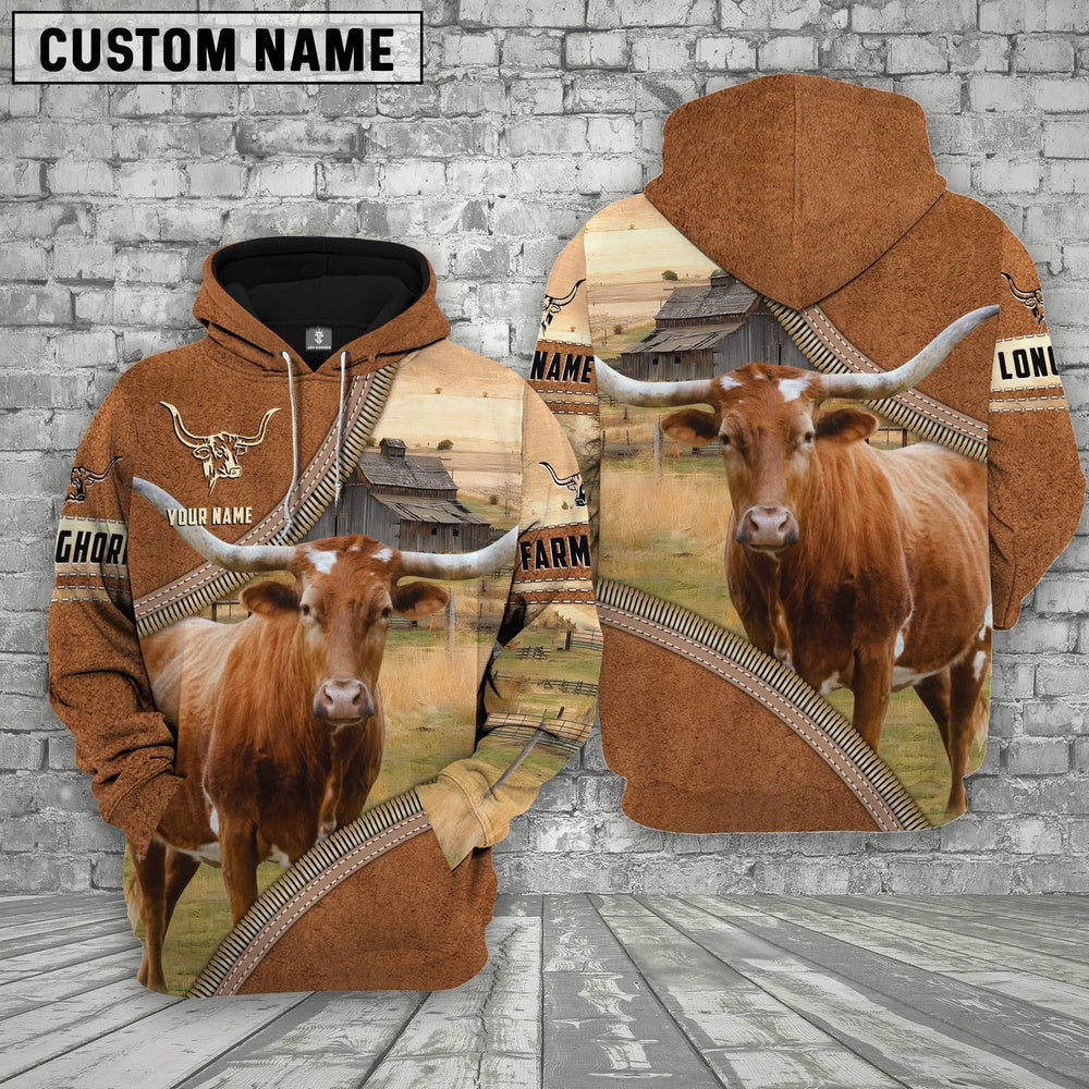 Personalized Name Farm Texas Longhorn Cattle Light Brown Hoodie, Farmer Hoodie, Custom Farm Shirts, Farmer T Shirt