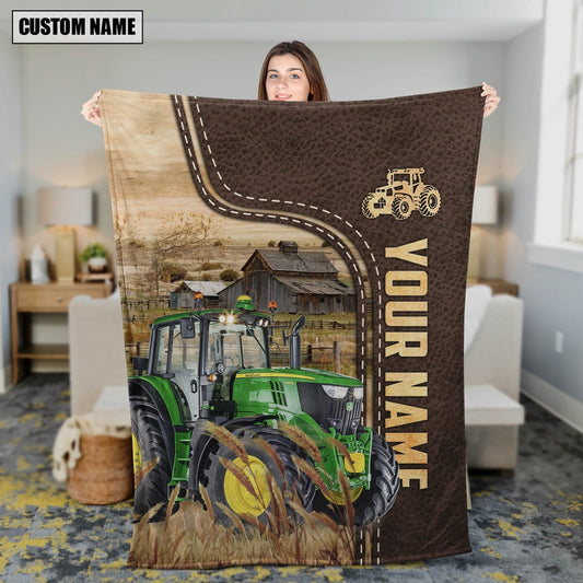 Personalized Name Farm Tractors Leather Pattern Blanket, Farm Blanket, Farm Animal Blanket