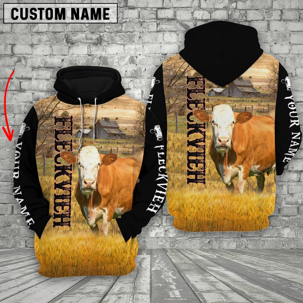 Personalized Name Fleckvieh Cattle On The Farm All Over Printed 3D Hoodie, Farmer Hoodie, Custom Farm Shirts, Farmer T Shirt