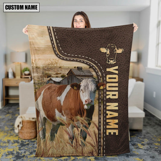 Personalized Name Fleckvieh Leather Pattern Blanket, Farm Blanket, Farm Animal Blanket
