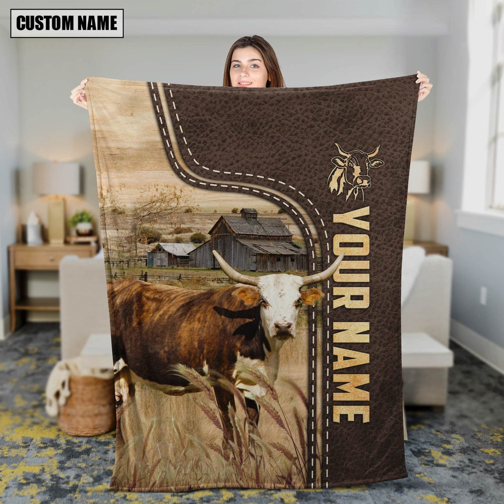 Personalized Name Florida Cracker Cow Leather Pattern Blanket, Farm Blanket, Farm Animal Blanket