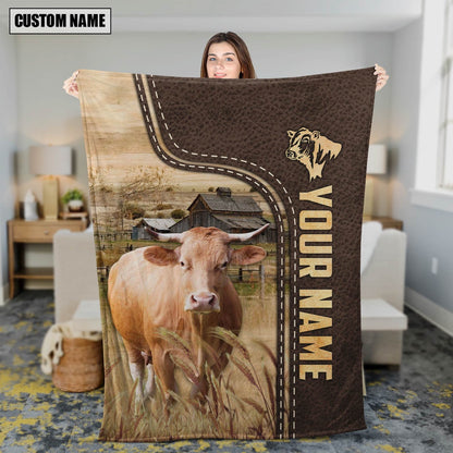 Personalized Name Gelbivieh Leather Pattern Blanket, Farm Blanket, Farm Animal Blanket