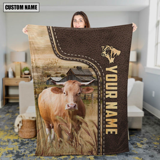 Personalized Name Gelbivieh Leather Pattern Blanket, Farm Blanket, Farm Animal Blanket