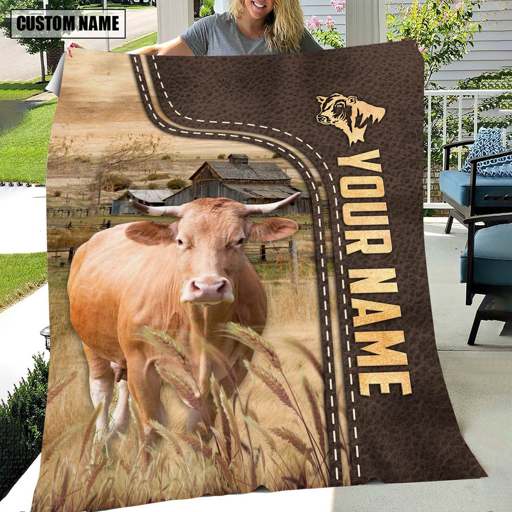Personalized Name Gelbivieh Leather Pattern Blanket, Farm Blanket, Farm Animal Blanket