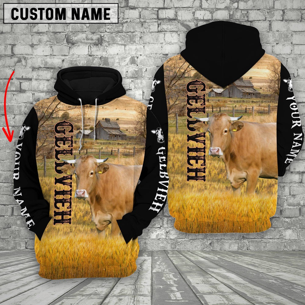 Personalized Name Gelbvieh Cattle On The Farm All Over Printed 3D Hoodie, Farmer Hoodie, Custom Farm Shirts, Farmer T Shirt