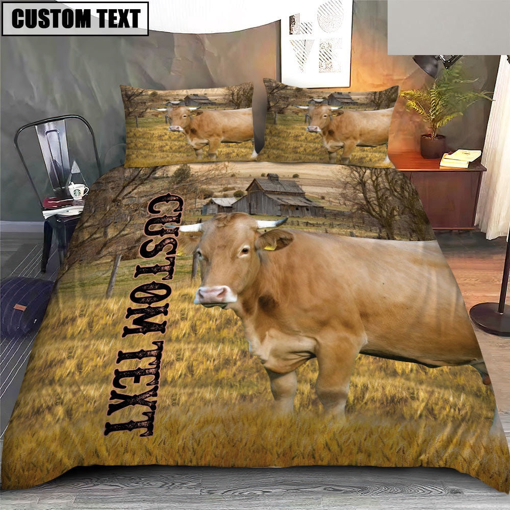 Personalized Name Gelbvieh Cattle On The Farm Bedding Set, Farm Bedding Set, Farmhouse Bedding Set