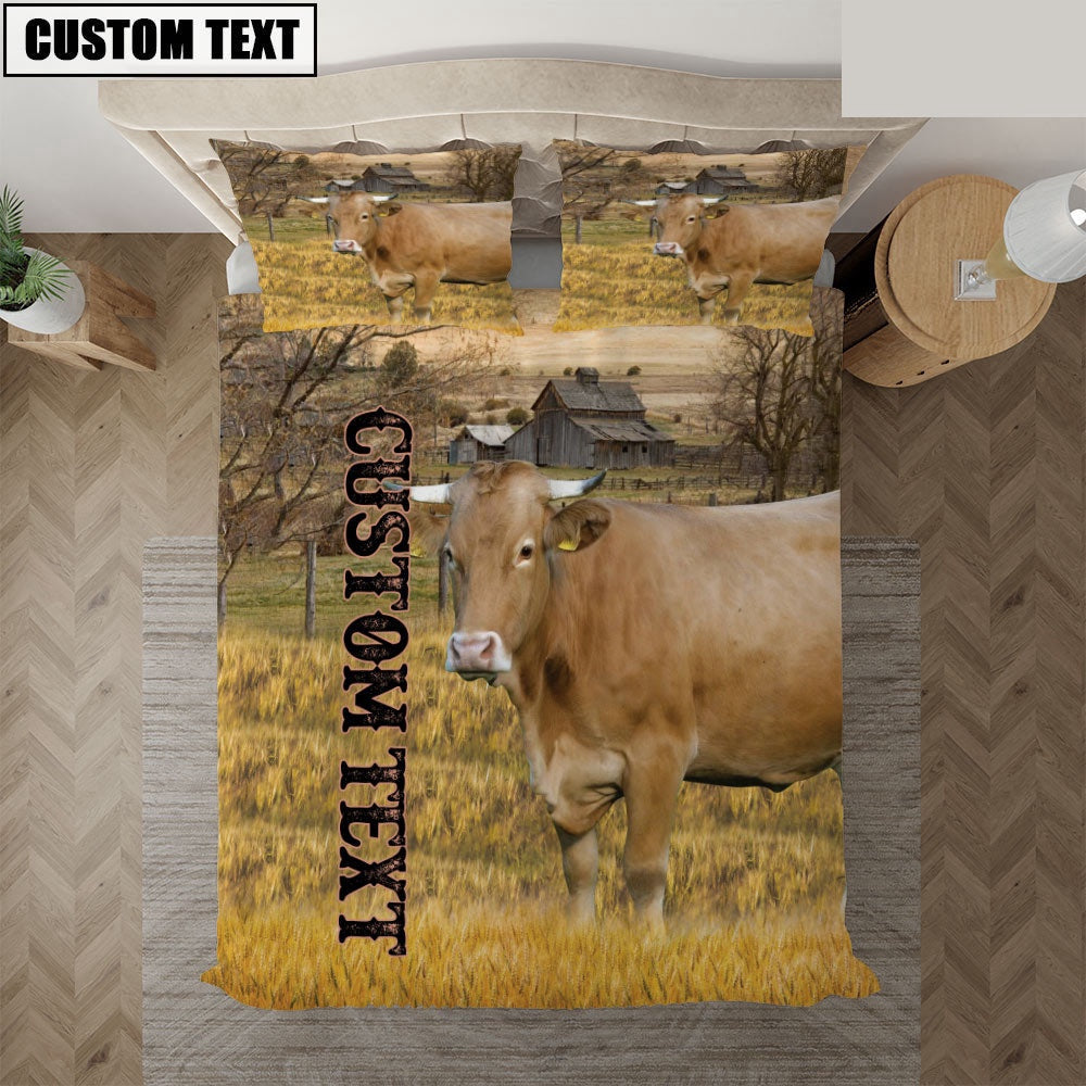 Personalized Name Gelbvieh Cattle On The Farm Bedding Set, Farm Bedding Set, Farmhouse Bedding Set