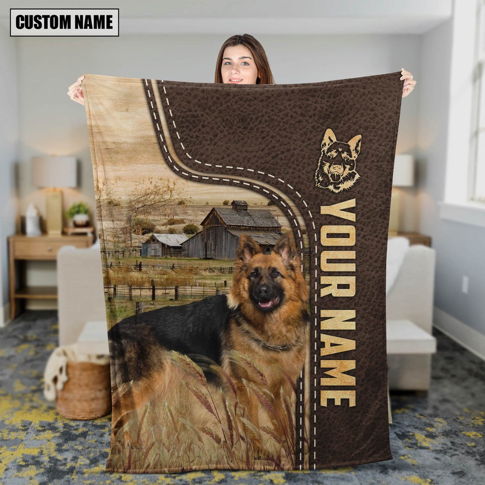 Personalized Name German Shepherd Leather Pattern Blanket, Farm Blanket, Farm Animal Blanket